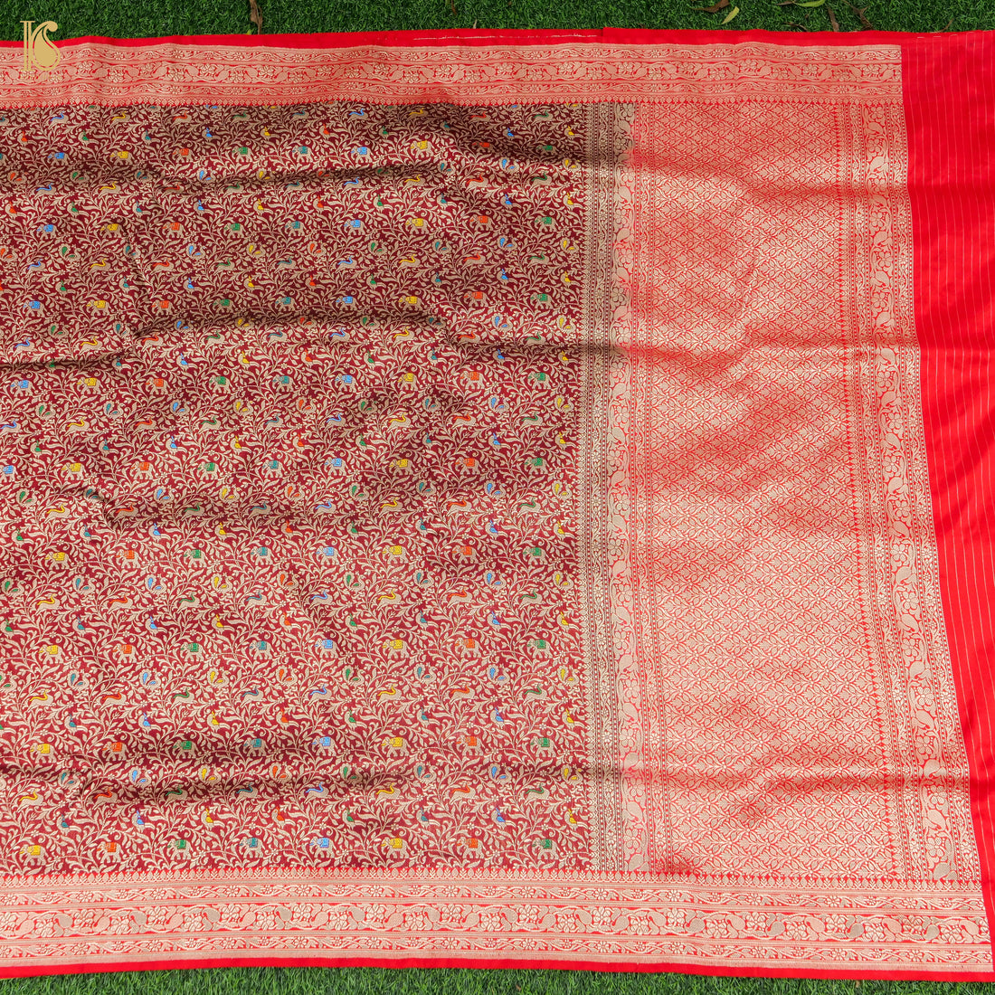 Carmine Red Handloom Katan Silk Banarasi Shikargah Saree - Khinkhwab