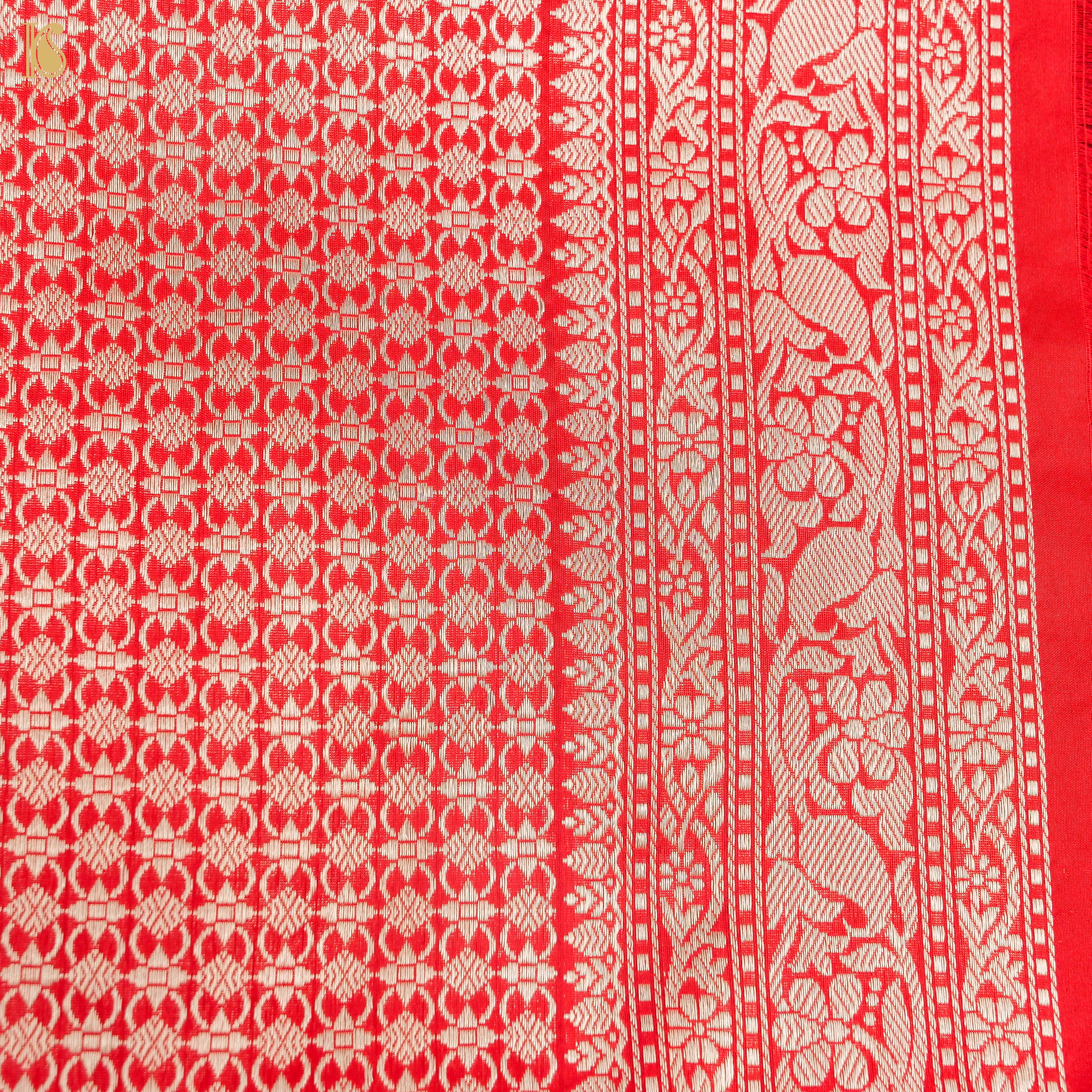 Carmine Red Handloom Katan Silk Banarasi Shikargah Saree - Khinkhwab