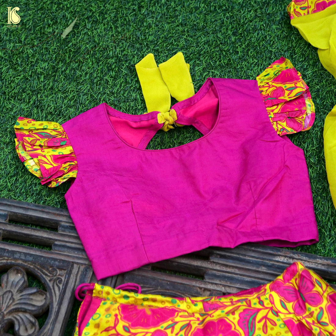 Titli - Yellow & Pink Pure Chiniya Silk Kids Stitched Lehenga Set - Khinkhwab