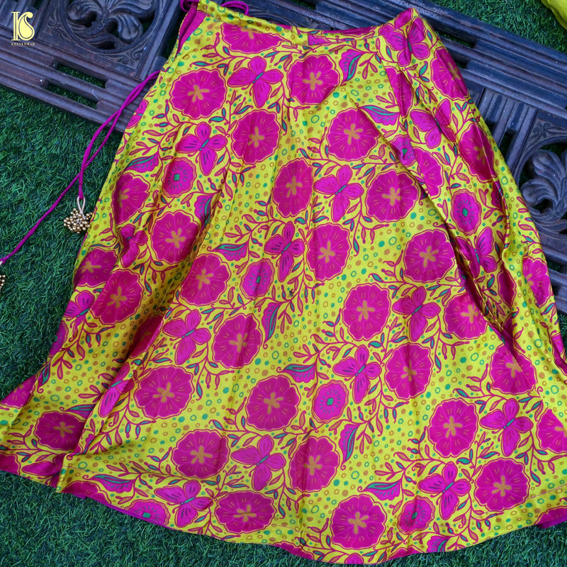 Titli - Yellow & Pink Pure Chiniya Silk Kids Stitched Lehenga Set - Khinkhwab
