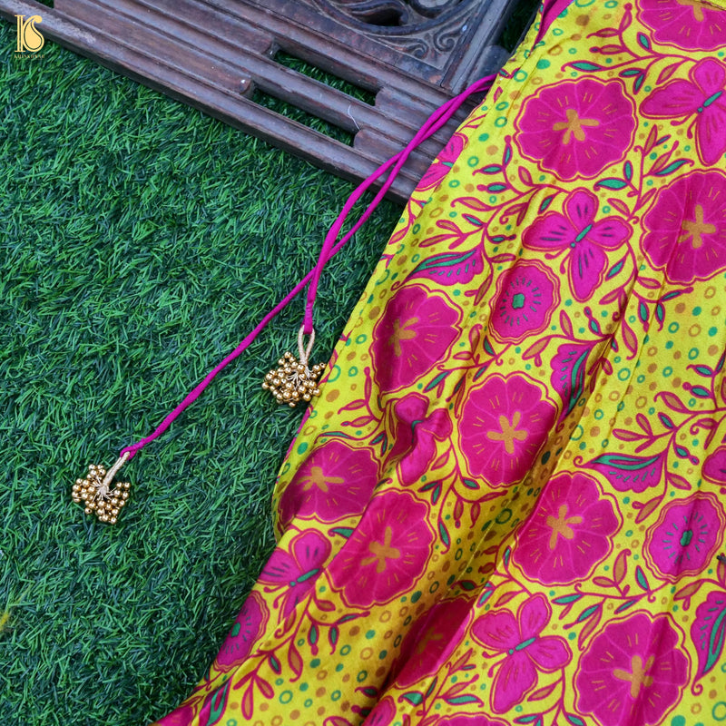 Titli - Yellow & Pink Pure Chiniya Silk Kids Stitched Lehenga Set - Khinkhwab