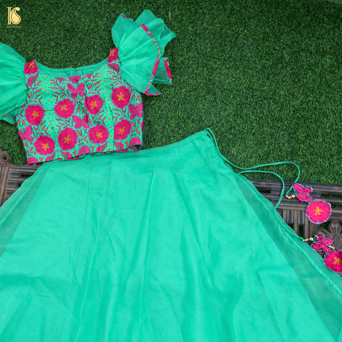 Titli - Green &amp; Pink Pure Organza &amp; Chiniya Silk Kids Stitched Lehenga Set - Khinkhwab