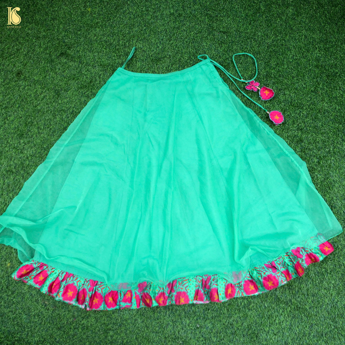 Titli - Green &amp; Pink Pure Organza &amp; Chiniya Silk Kids Stitched Lehenga Set - Khinkhwab