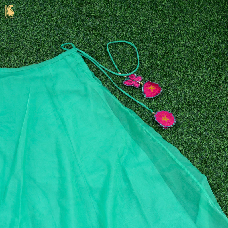 Titli - Green & Pink Pure Organza & Chiniya Silk Kids Stitched Lehenga Set - Khinkhwab