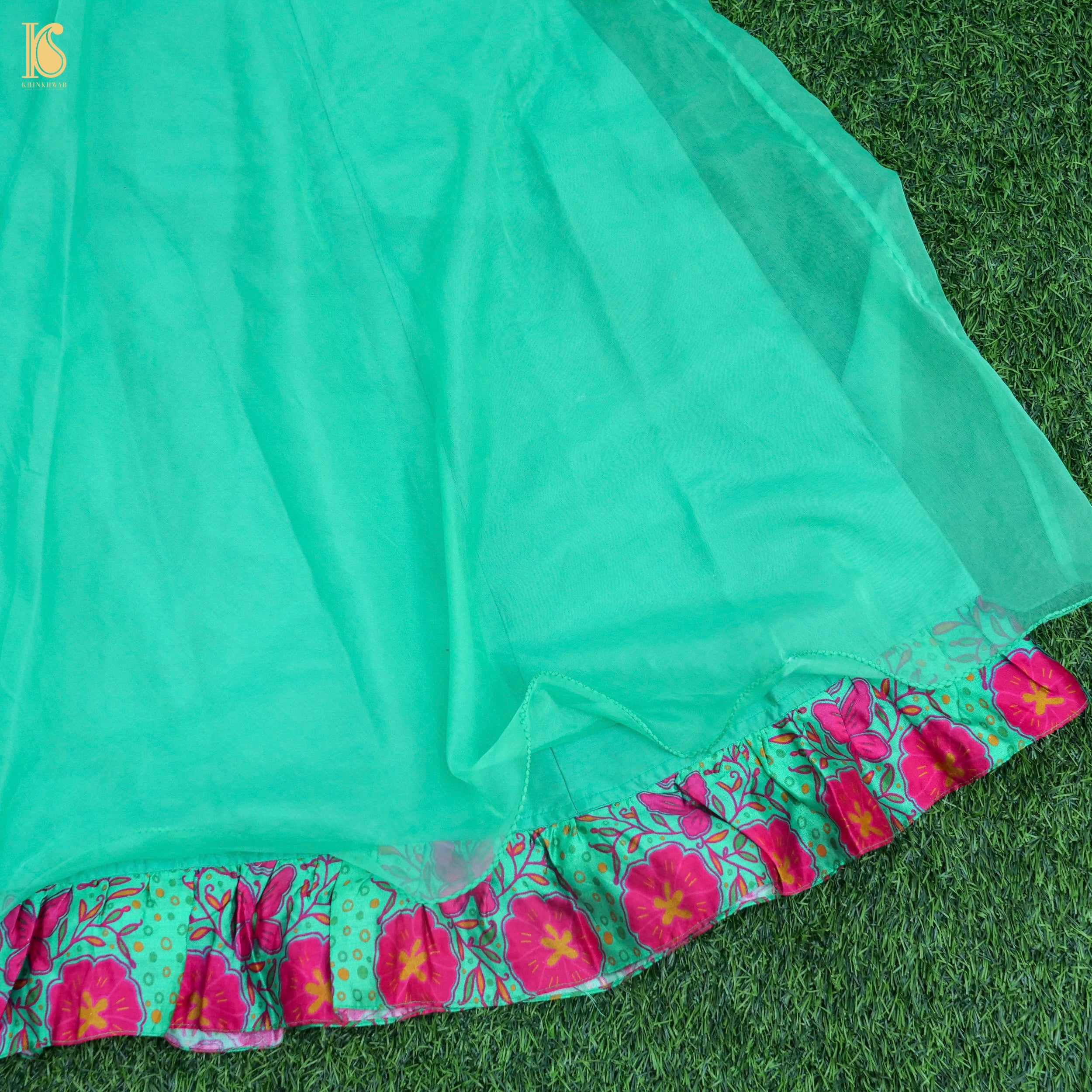 Titli - Green &amp; Pink Pure Organza &amp; Chiniya Silk Kids Stitched Lehenga Set - Khinkhwab