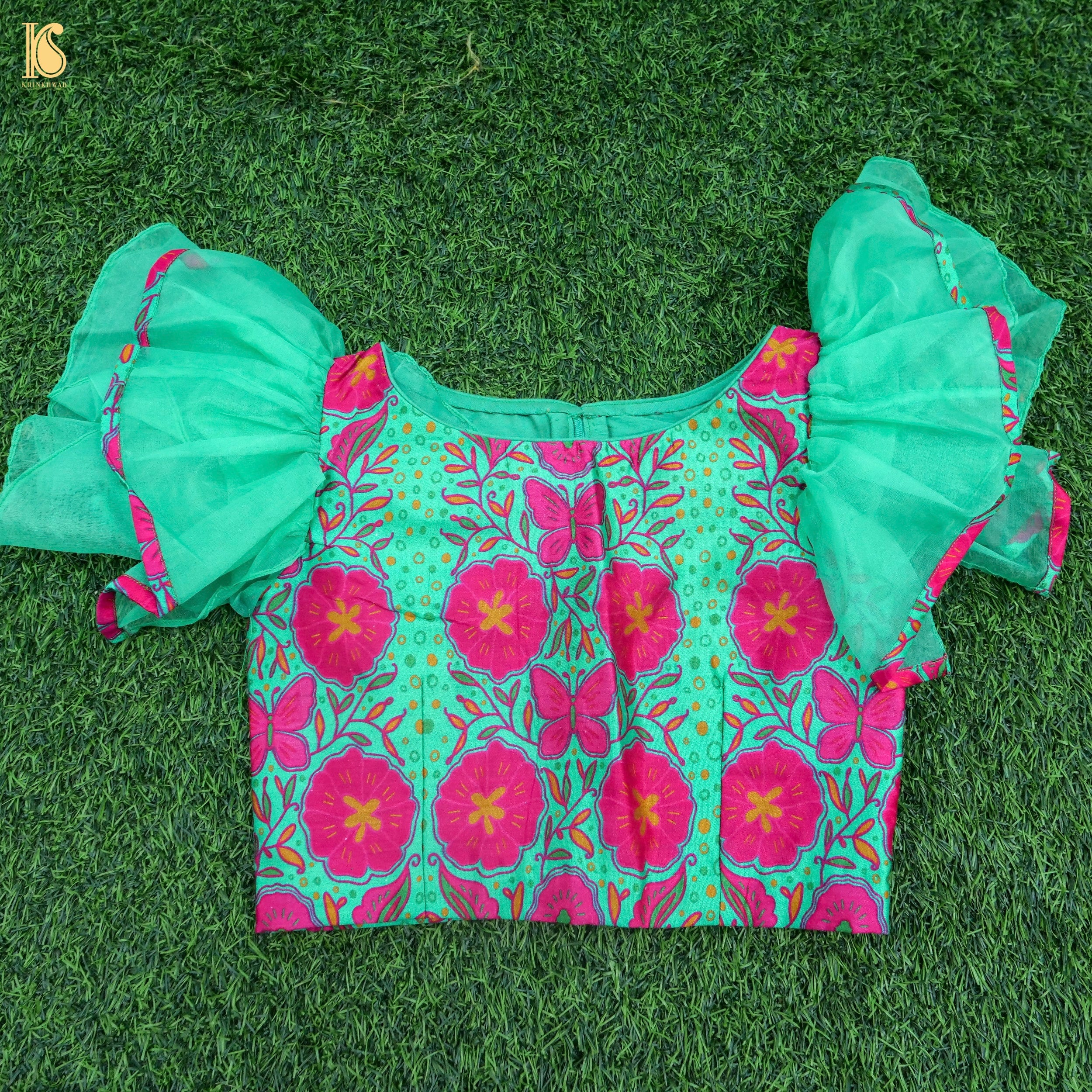 Titli - Green &amp; Pink Pure Organza &amp; Chiniya Silk Kids Stitched Lehenga Set - Khinkhwab