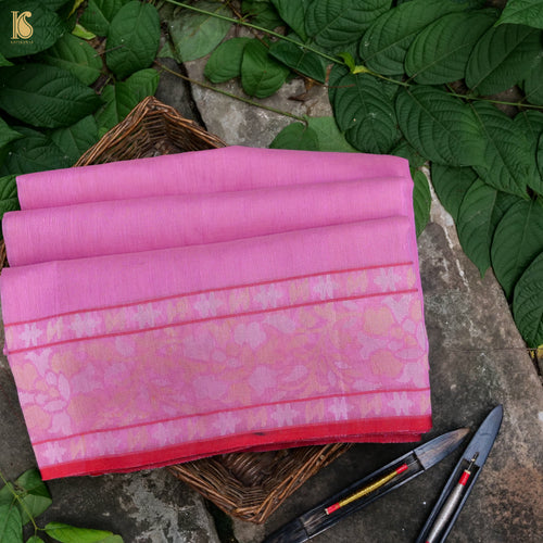 Preorder : Tea Rose Pink Pure Cotton Real Silver Zari Handloom Banarasi Saree - Khinkhwab