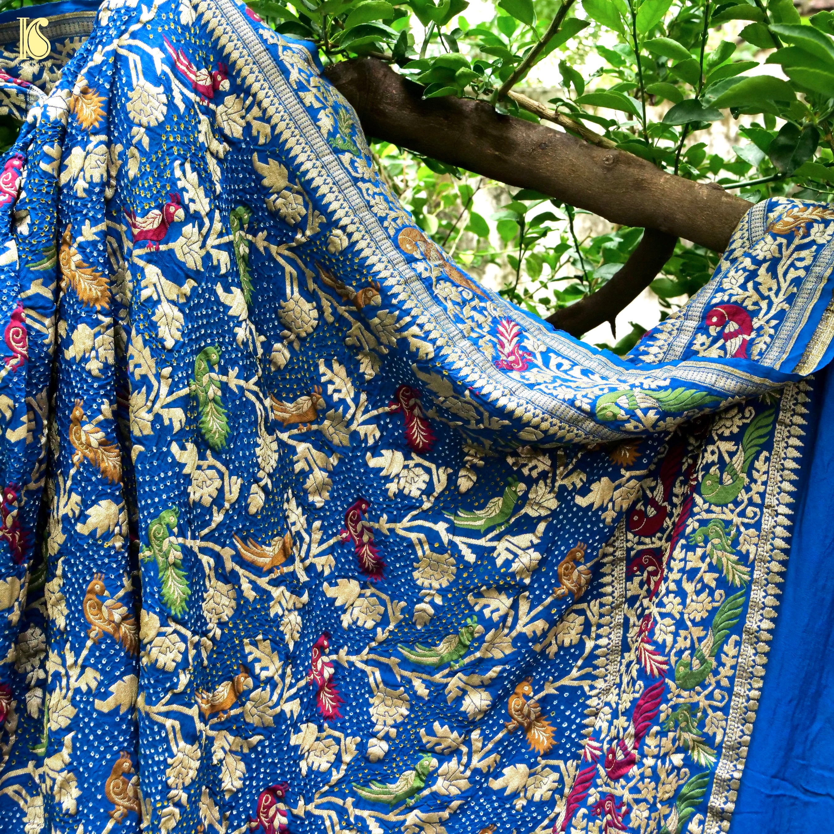 Cerulean Blue Pure Georgette Handloom Banarasi  Birds of Paradise Bandhani Dupatta - Khinkhwab