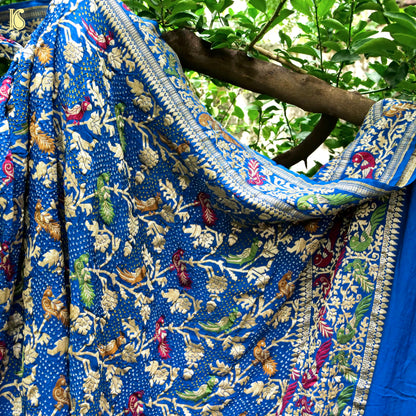 Cerulean Blue Pure Georgette Handloom Banarasi  Birds of Paradise Bandhani Dupatta - Khinkhwab