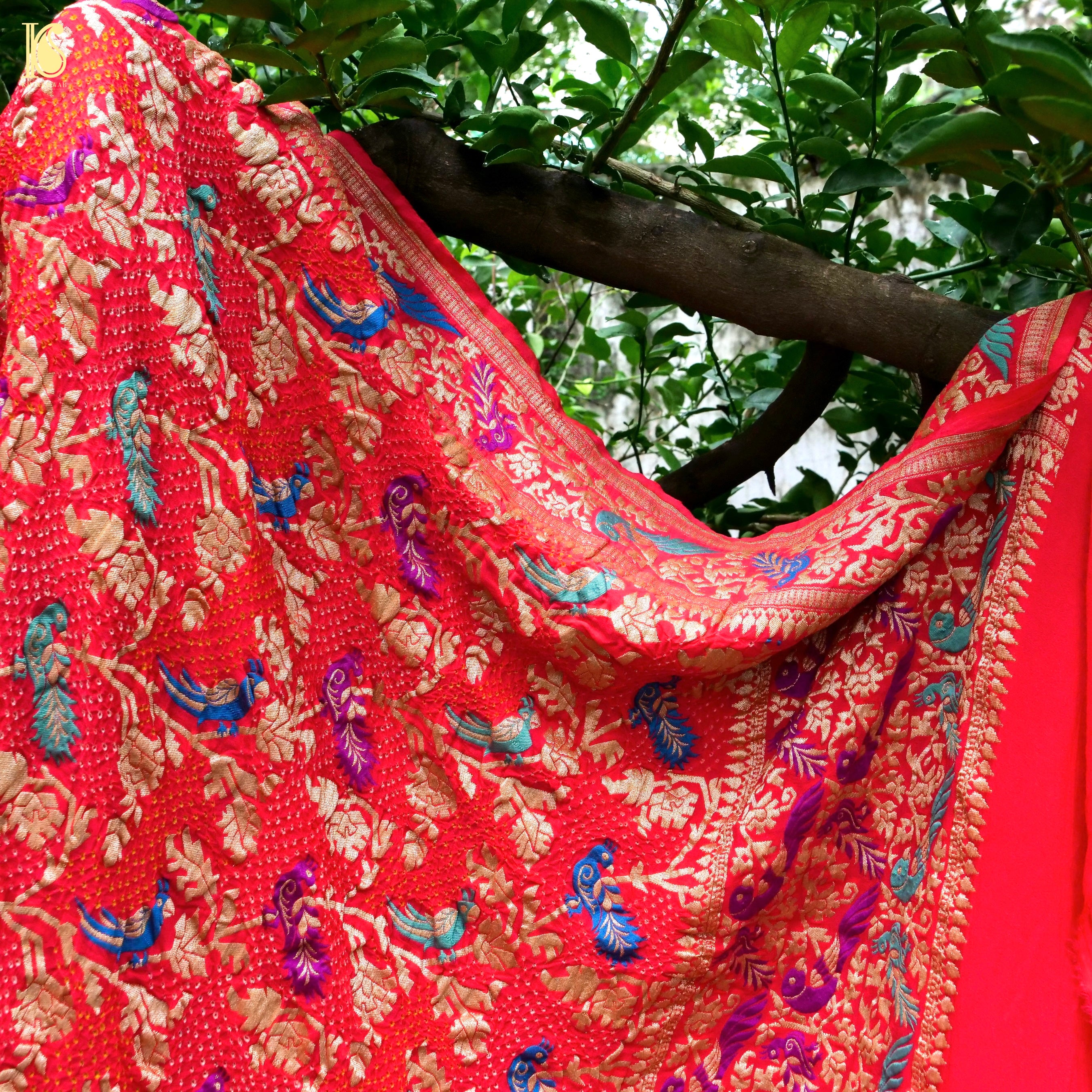 Alizarin Red Pure Georgette Handloom Banarasi Birds of Paradise Bandhani Dupatta - Khinkhwab