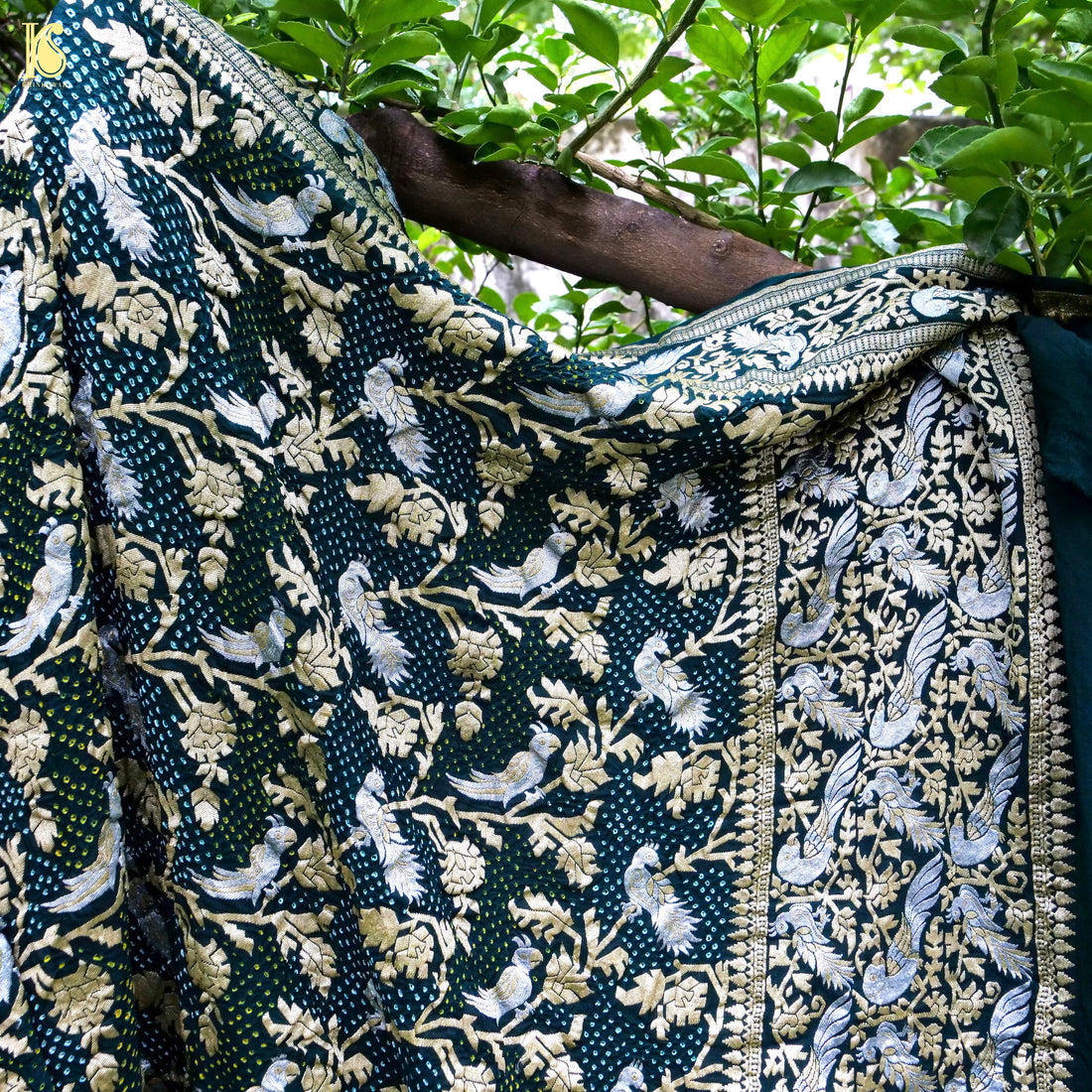 Birds of Paradise : Bottle Green Pure Georgette Handloom Banarasi  Bandhani Dupatta - Khinkhwab
