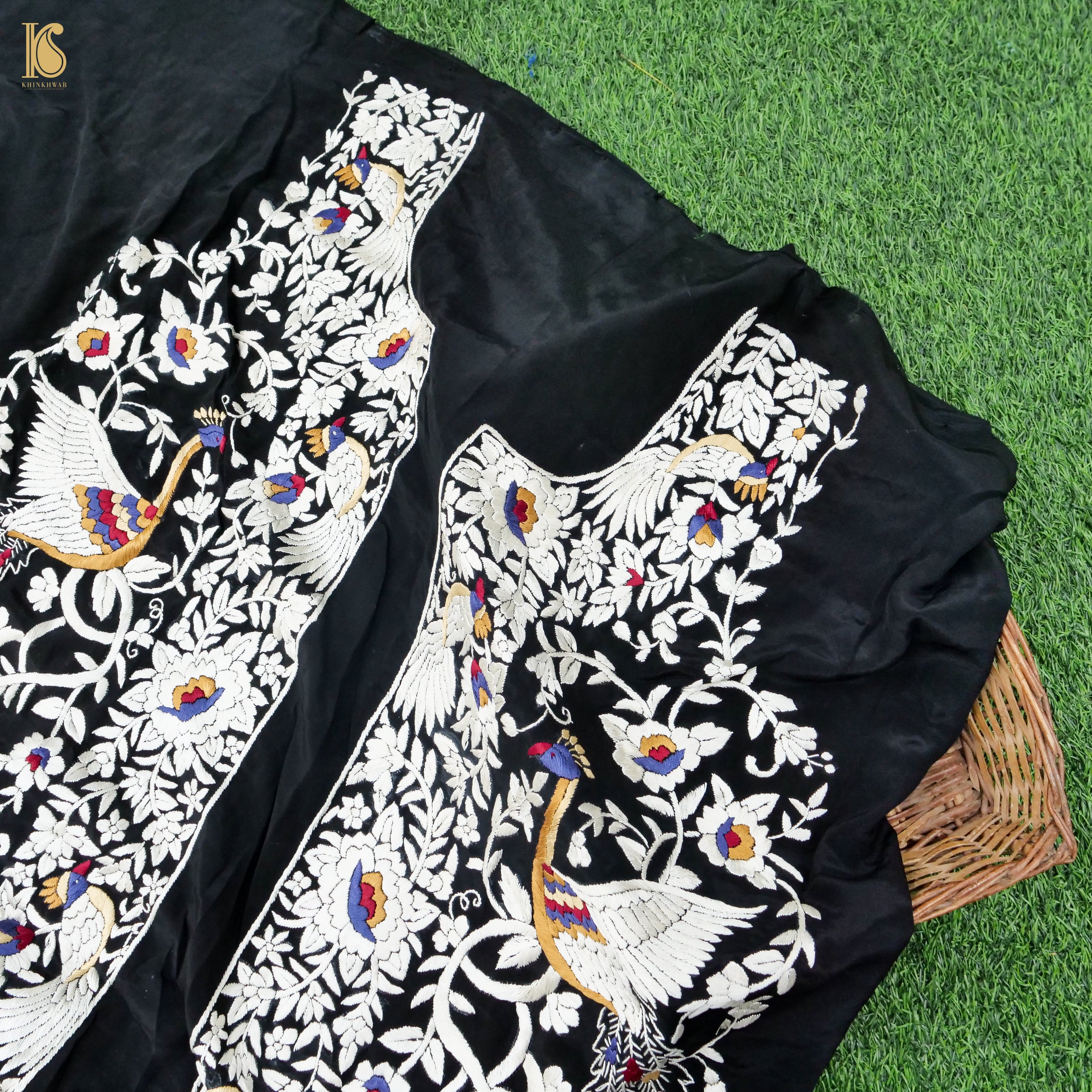 Black Handcrafted Parsi Gara Pure Crepe Kurta Fabric - Khinkhwab