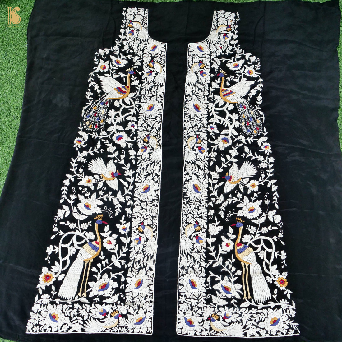 Black Handcrafted Parsi Gara Pure Crepe Kurta Fabric - Khinkhwab