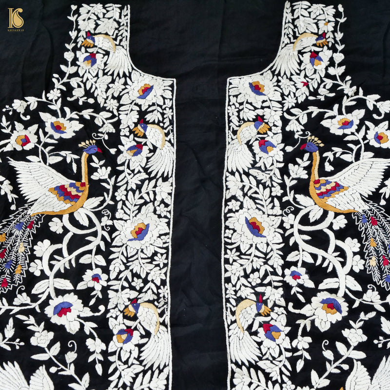 Black Handcrafted Parsi Gara Pure Crepe Kurta Fabric - Khinkhwab