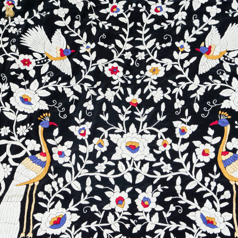 Black Handcrafted Parsi Gara Pure Crepe Kurta Fabric - Khinkhwab