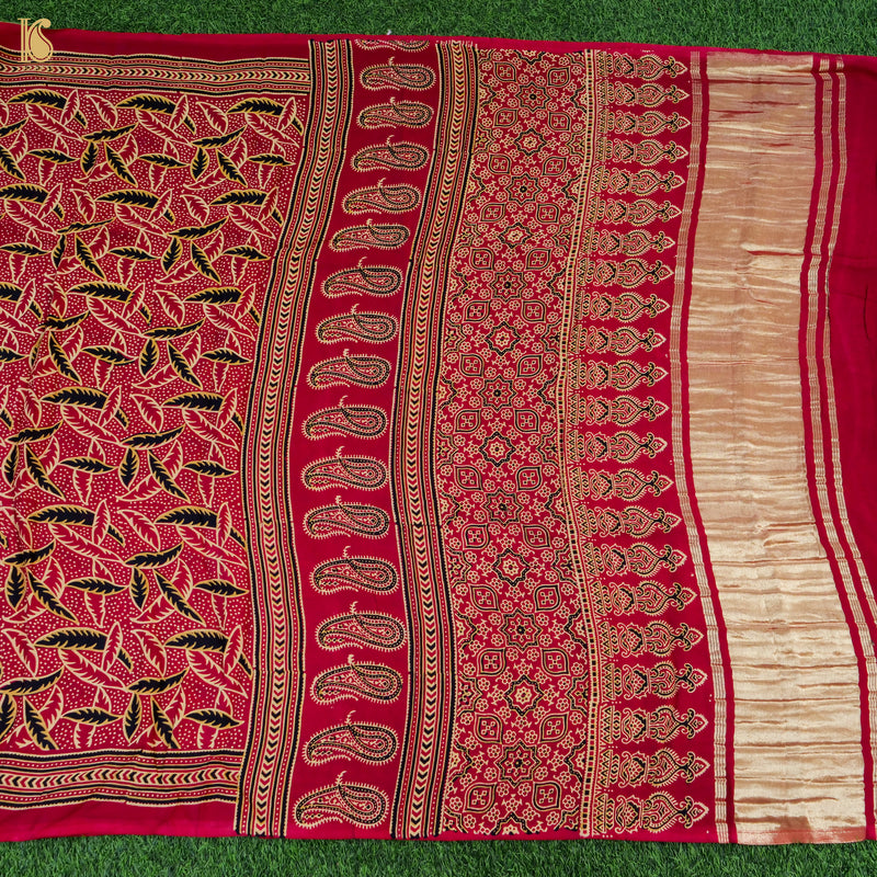 Red Gajji Silk Handblock Ajrakh Saree - Khinkhwab