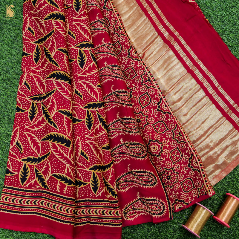 Red Gajji Silk Handblock Ajrakh Saree - Khinkhwab