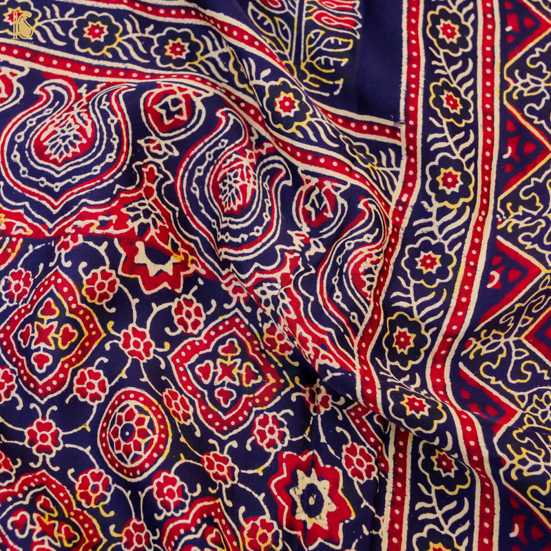 Blue Gajji Silk Handblock Ajrakh Saree - Khinkhwab