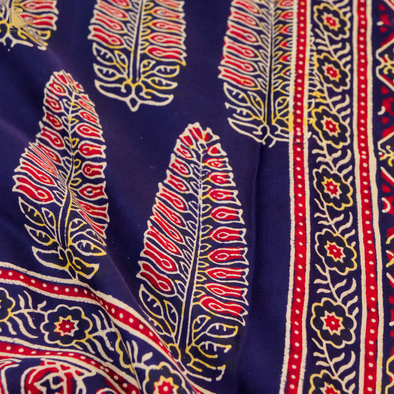 Blue Gajji Silk Handblock Ajrakh Saree - Khinkhwab