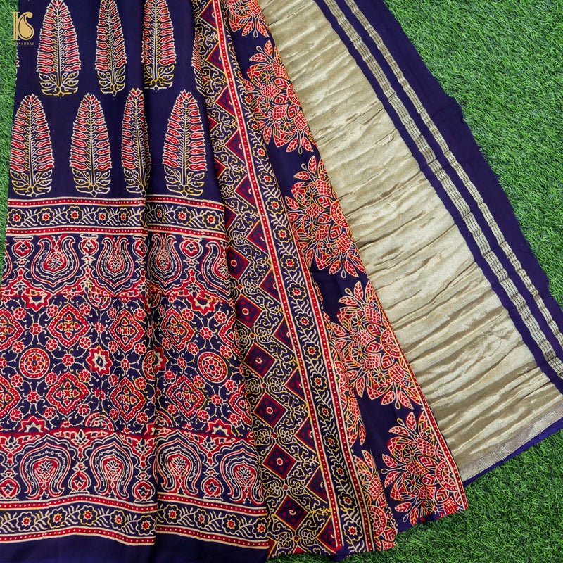 Blue Gajji Silk Handblock Ajrakh Saree - Khinkhwab