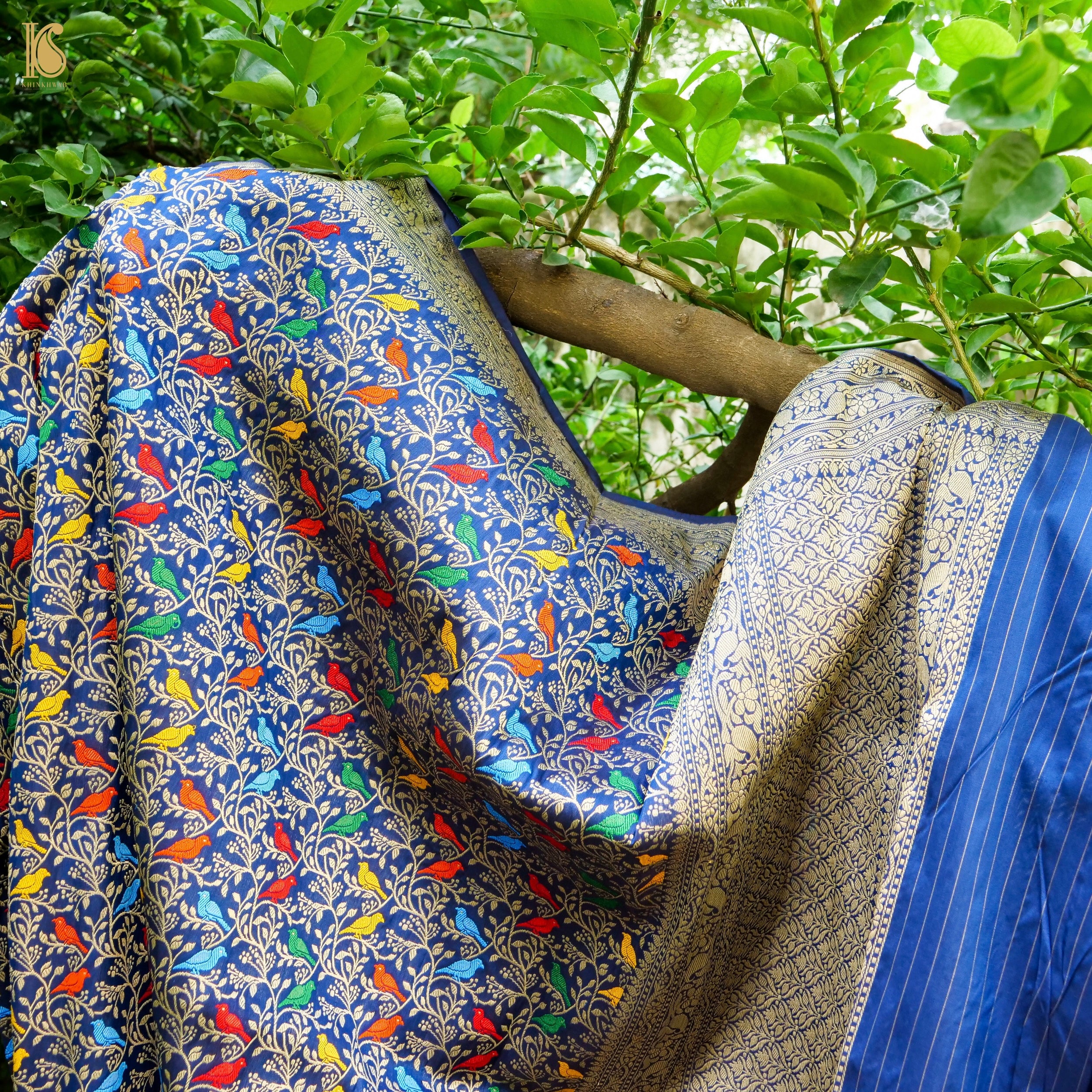 Sapphire Blue Pure Katan Silk Handwoven Banarasi Jaal Chidiya Dupatta - Khinkhwab