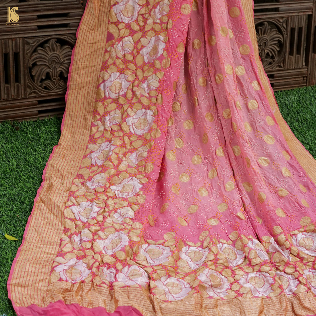 Hopbush Pink Pure Georgette Handloom Banarasi Bandhani Rose Saree - Khinkhwab