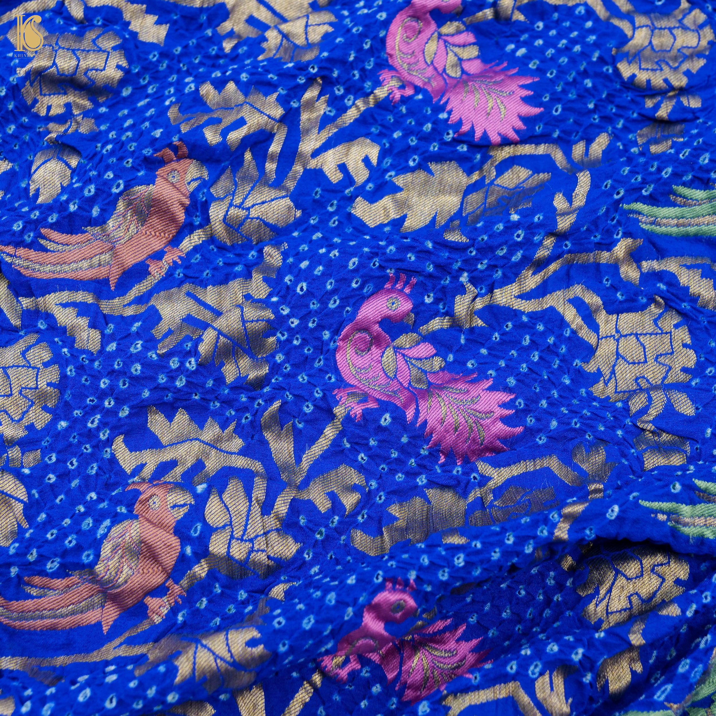 Persian Blue Handloom Banarasi Pure Georgette Birds Bandhani Saree - Khinkhwab