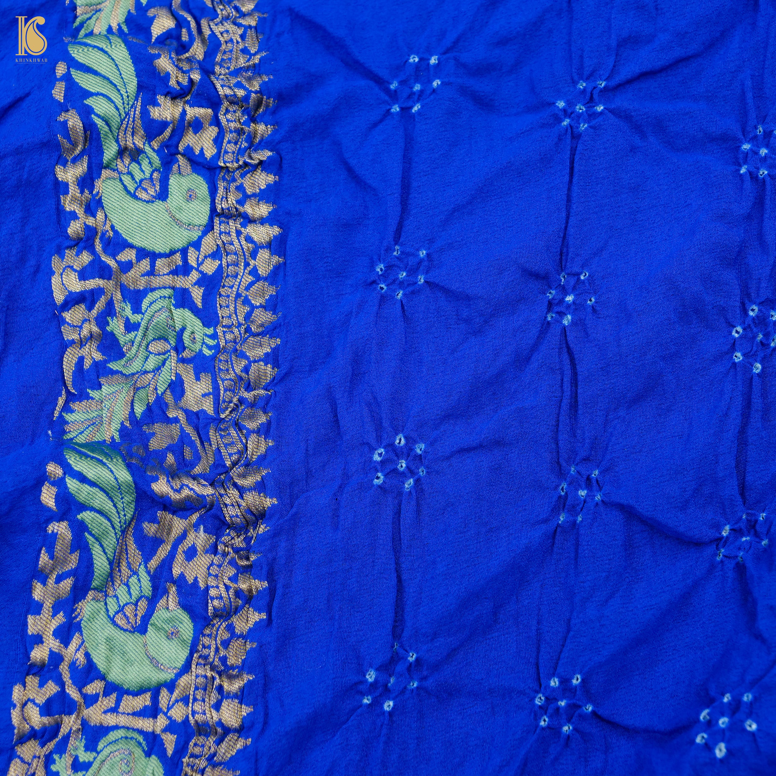 Persian Blue Handloom Banarasi Pure Georgette Birds Bandhani Saree - Khinkhwab