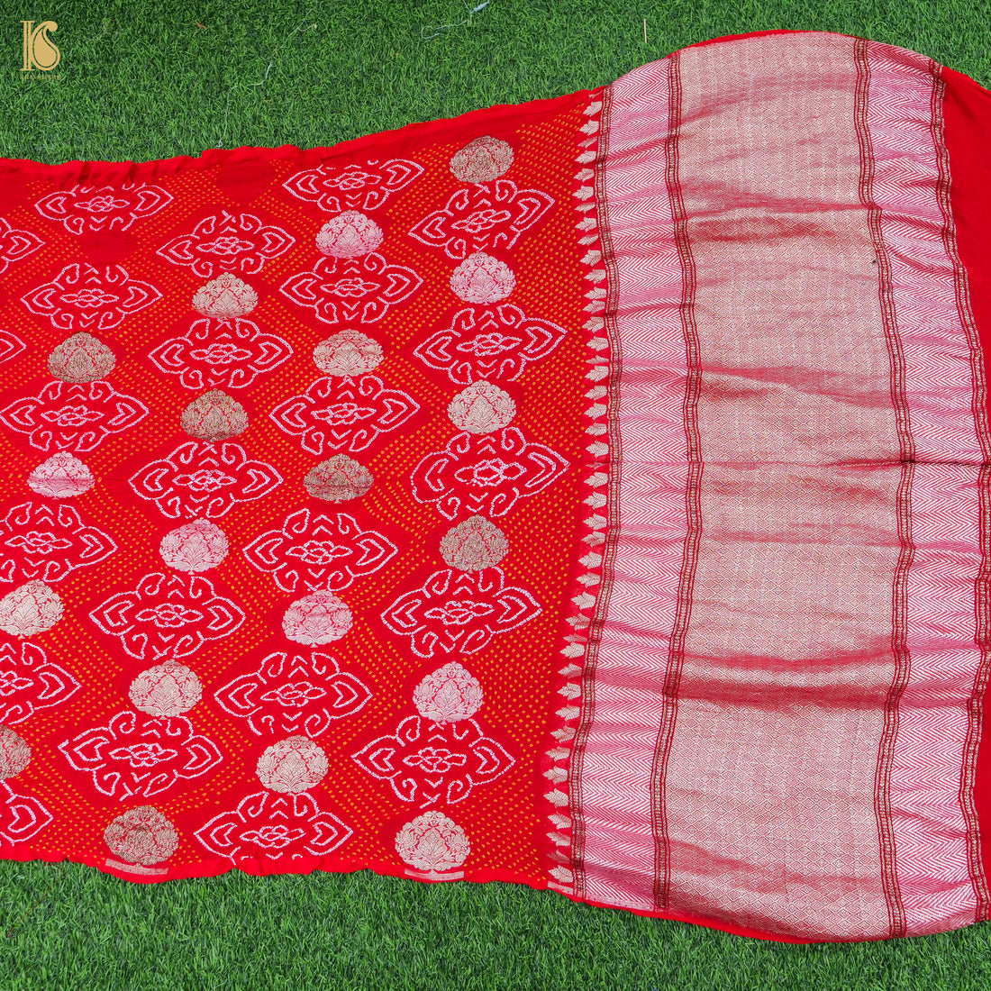 Red & Pink Pure Georgette Handloom Banarasi Bandhani Saree - Khinkhwab