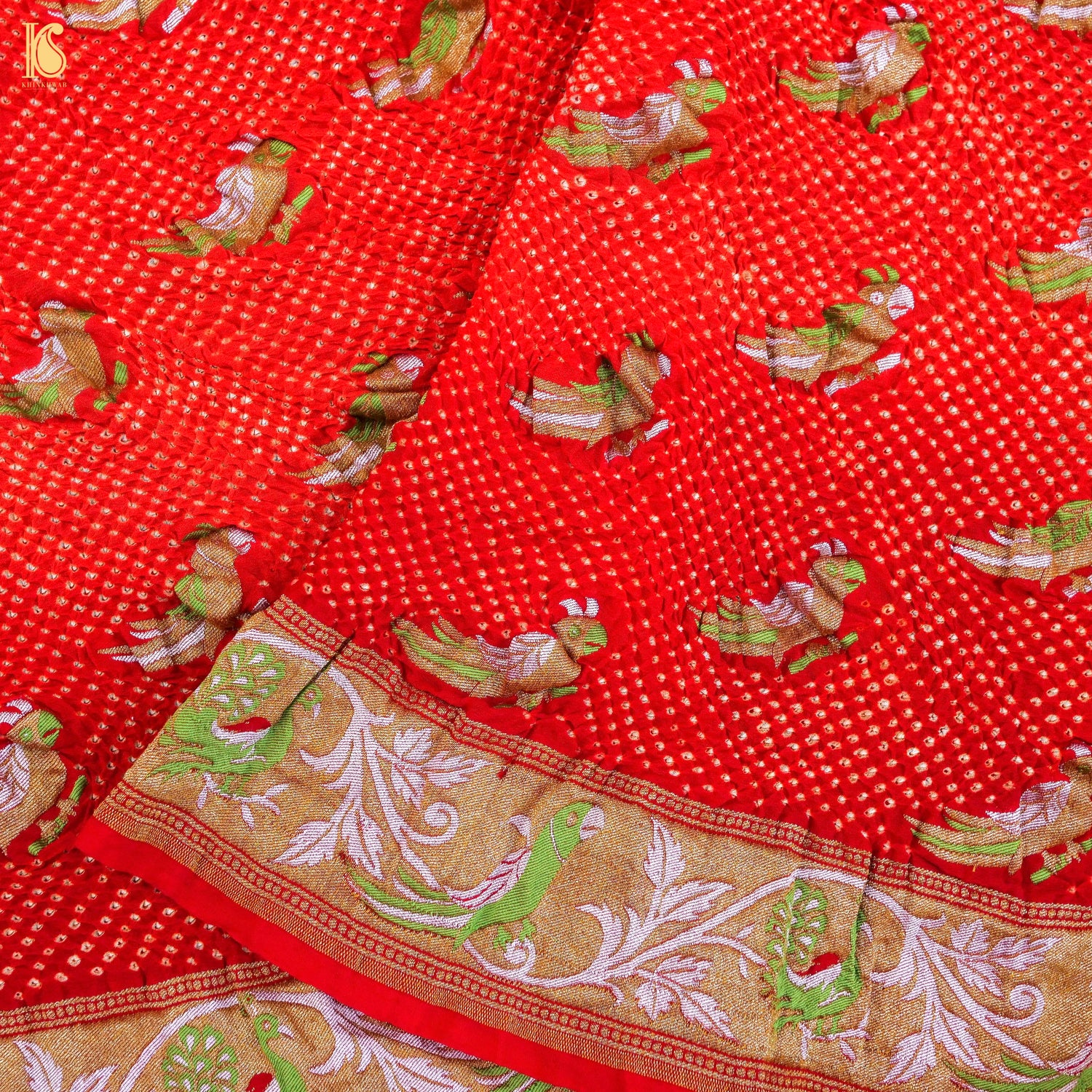 Birds of Paradise - Red Pure Georgette Handloom Banarasi Bareek Bandhani Saree - Khinkhwab