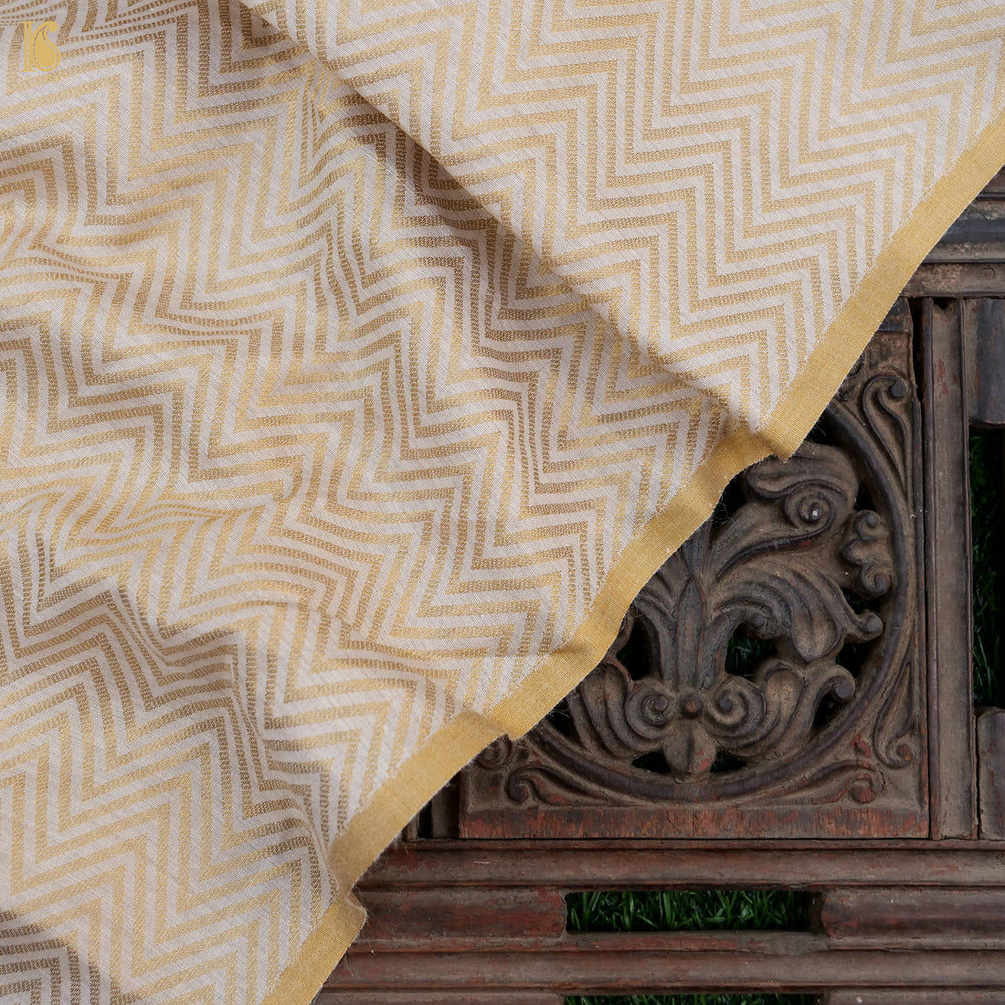 Beige Pure Moonga Silk Handloom Banarasi Dyeable Chevron Fabric - Khinkhwab