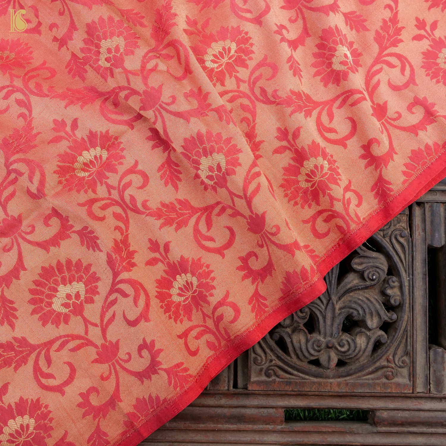 Orange Jaal Pure Tissue by Silk Fabric - Khinkhwab