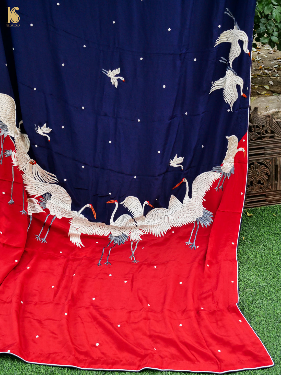 Blue & Red Handcrafted Parsi  Gara Pure Crepe Swan Saree - Khinkhwab