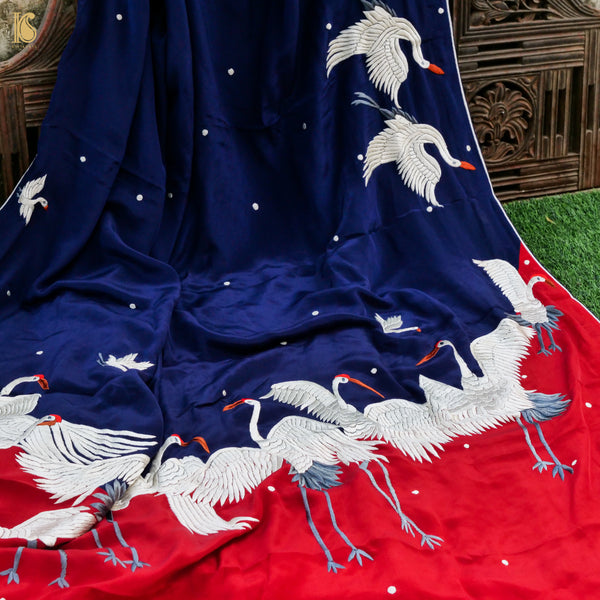 Blue & Red Handcrafted Parsi  Gara Pure Crepe Swan Saree - Khinkhwab
