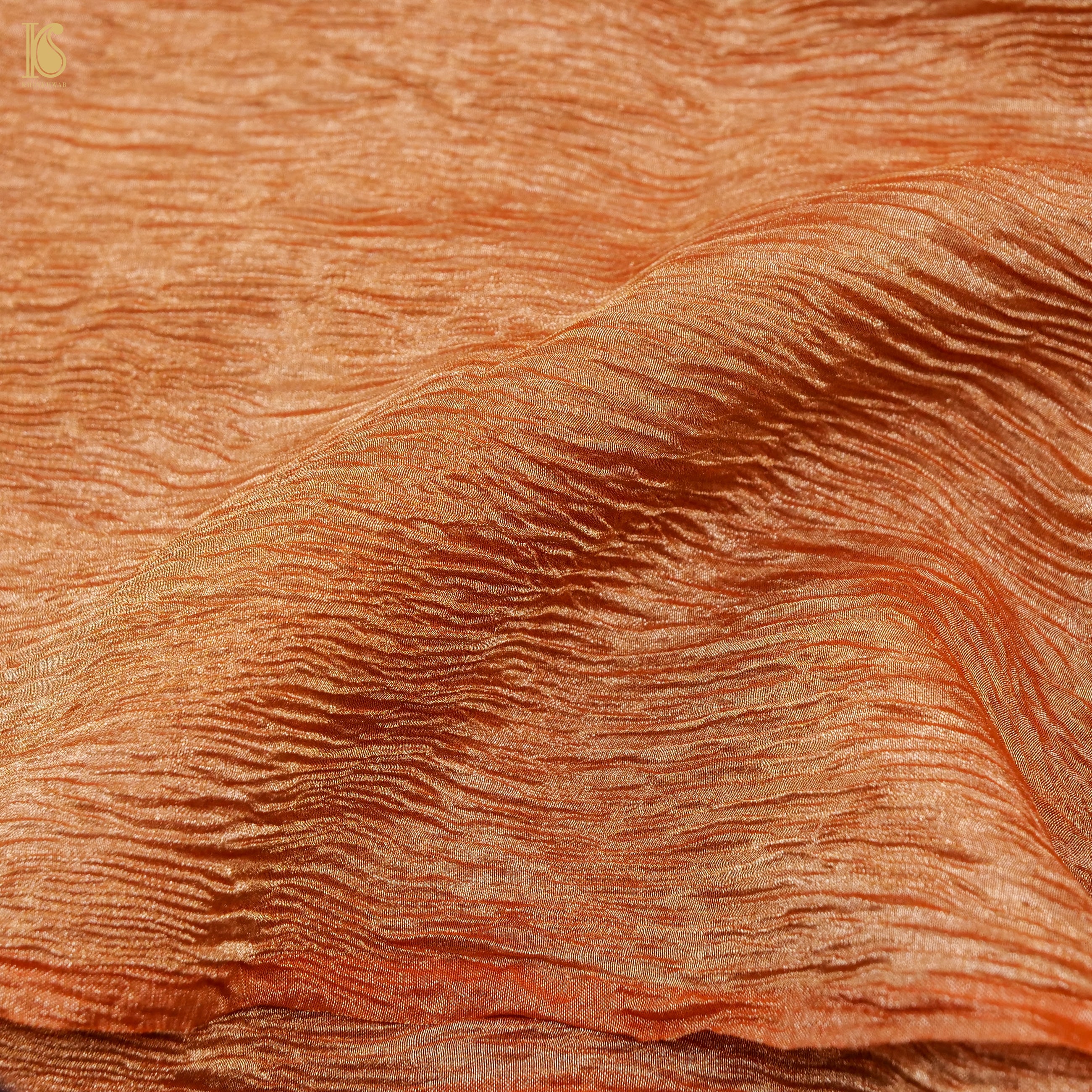Red Damask Orange Wrinkle Pure Tissue Silk Saree - Khinkhwab