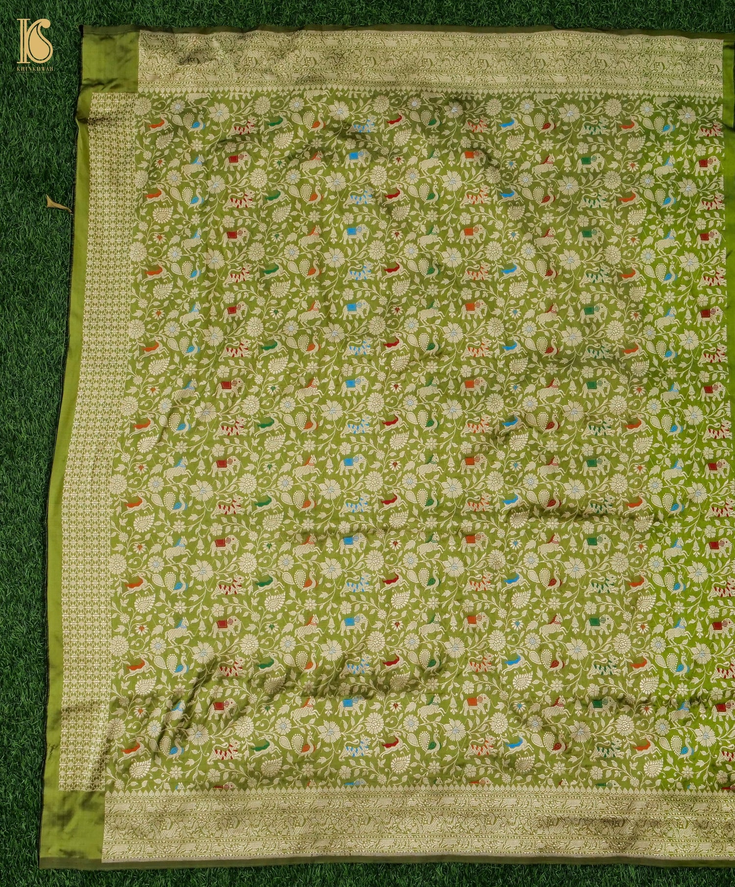 Handwoven Olive Green Pure Katan Silk Banarasi Shikargah Fabric - Khinkhwab