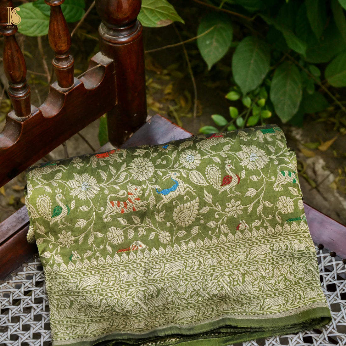 Handwoven Olive Green Pure Katan Silk Banarasi Shikargah Fabric - Khinkhwab