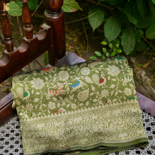 Handwoven Olive Green Pure Katan Silk Banarasi Shikargah Fabric - Khinkhwab