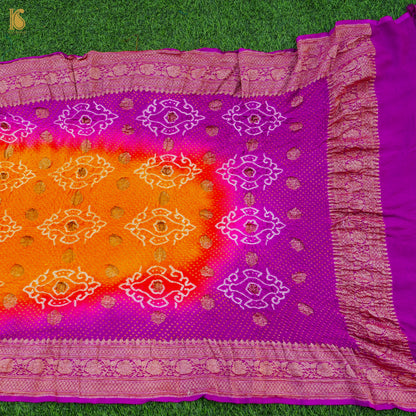 Orange &amp; Purple Pure Georgette Handloom Bandhani Banarasi Dupatta - Khinkhwab