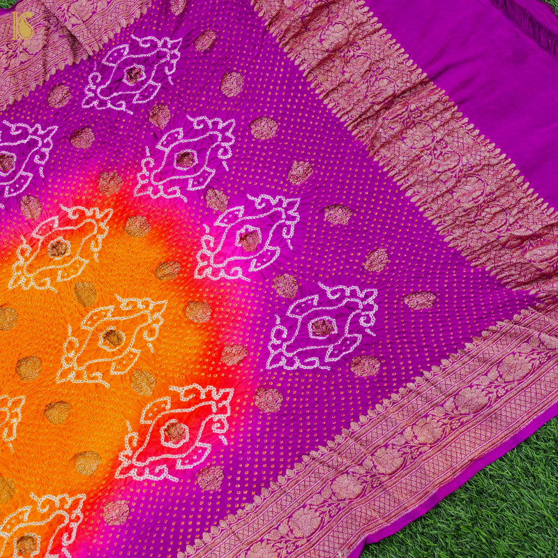 Orange & Purple Pure Georgette Handloom Bandhani Banarasi Dupatta - Khinkhwab