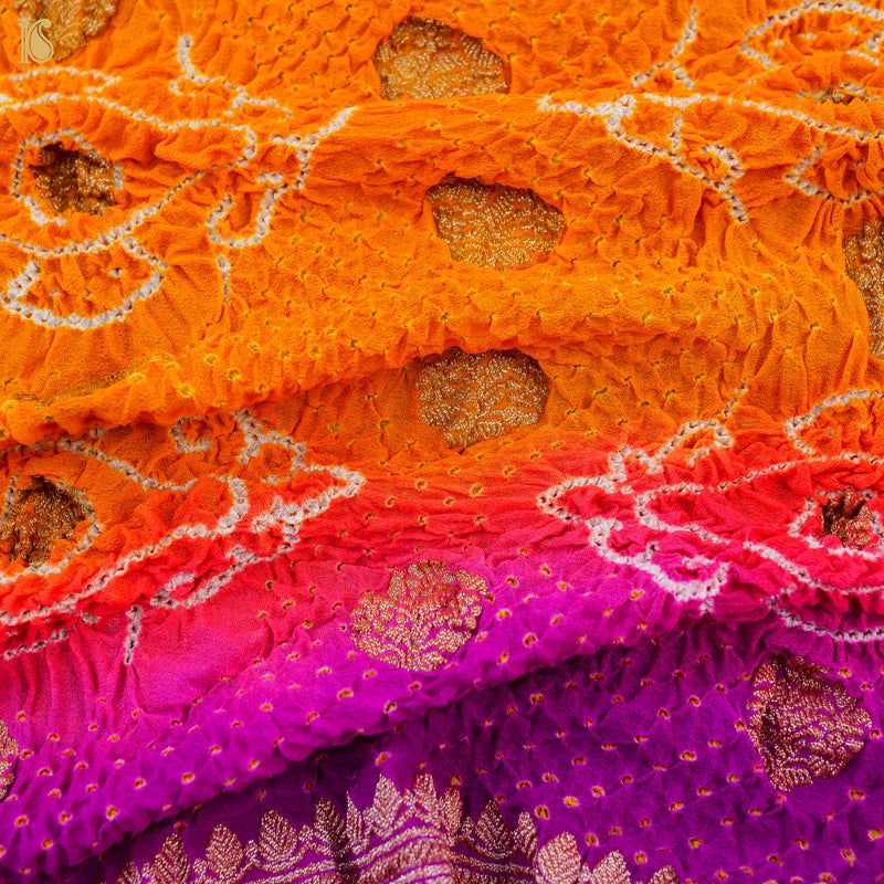 Orange & Purple Pure Georgette Handloom Bandhani Banarasi Dupatta - Khinkhwab
