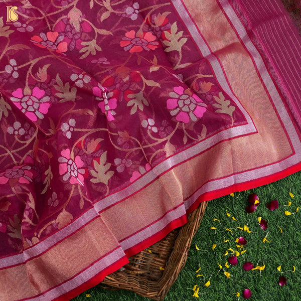 Lipstick Pink Pure Cotton Real Silver Zari Handloom Banarasi Dupatta - Khinkhwab