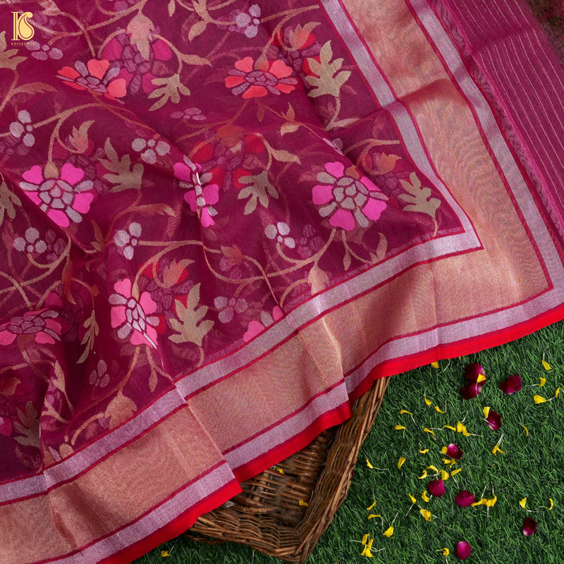 Lipstick Pink Pure Cotton Real Silver Zari Handloom Banarasi Dupatta - Khinkhwab
