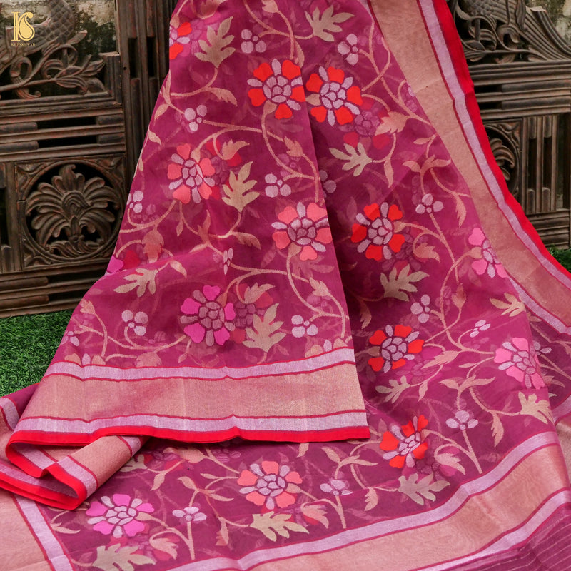 Lipstick Pink Pure Cotton Real Silver Zari Handloom Banarasi Dupatta - Khinkhwab