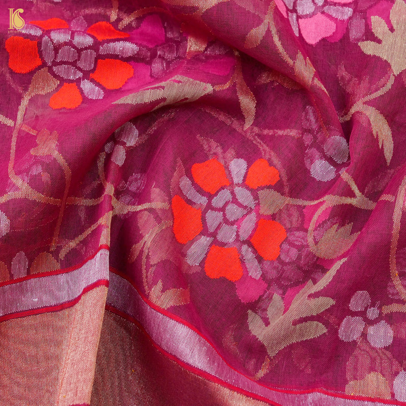 Lipstick Pink Pure Cotton Real Silver Zari Handloom Banarasi Dupatta - Khinkhwab