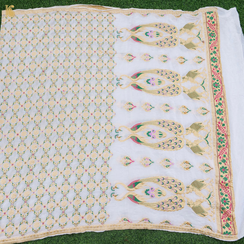 White Banarasi Pure Georgette Meenakari Peacock Dupatta - Khinkhwab