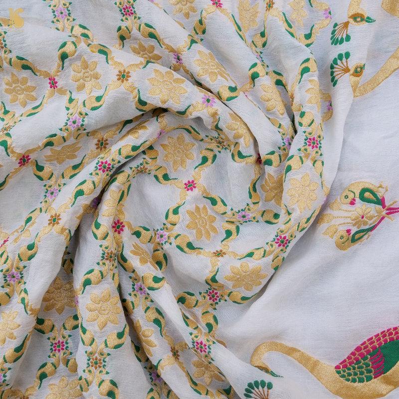 White Banarasi Pure Georgette Meenakari Peacock Dupatta - Khinkhwab