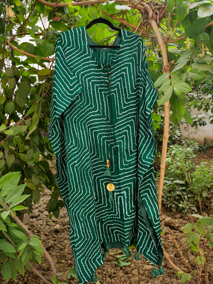 Bottle Green Pure Gajji Silk Bandhani Stitched Kaftan - Khinkhwab