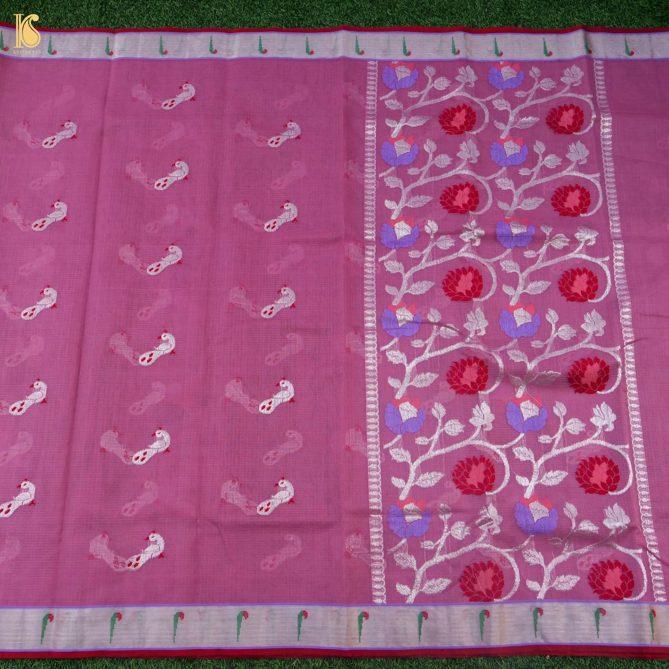 Handwoven Mulberry Pink Real Zari Kota Silk Saree with Muniya Border - Khinkhwab