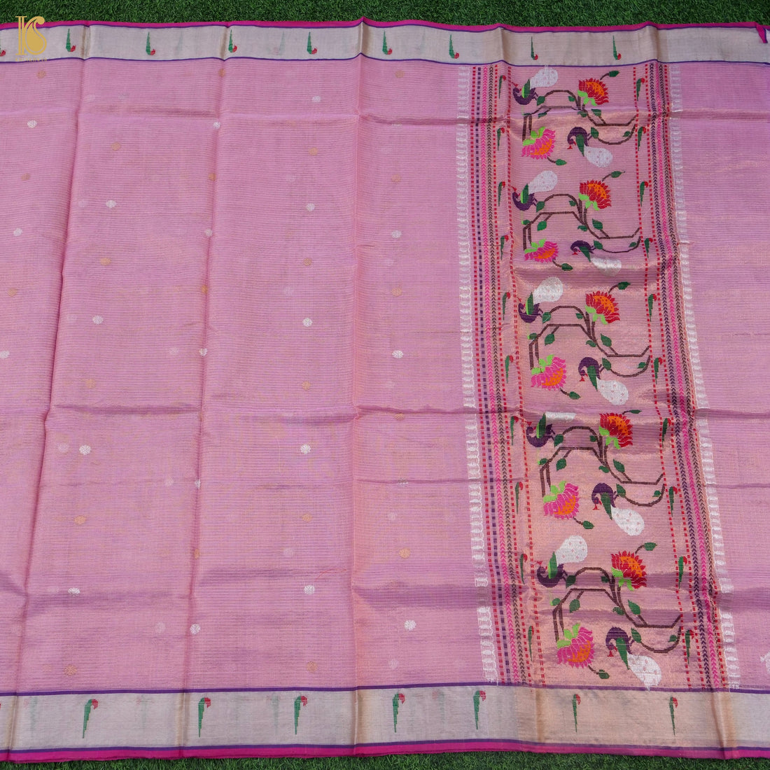 Handwoven Hopbush Pink Real Zari Kota Silk by Tissue Saree with Muniya Border - Khinkhwab